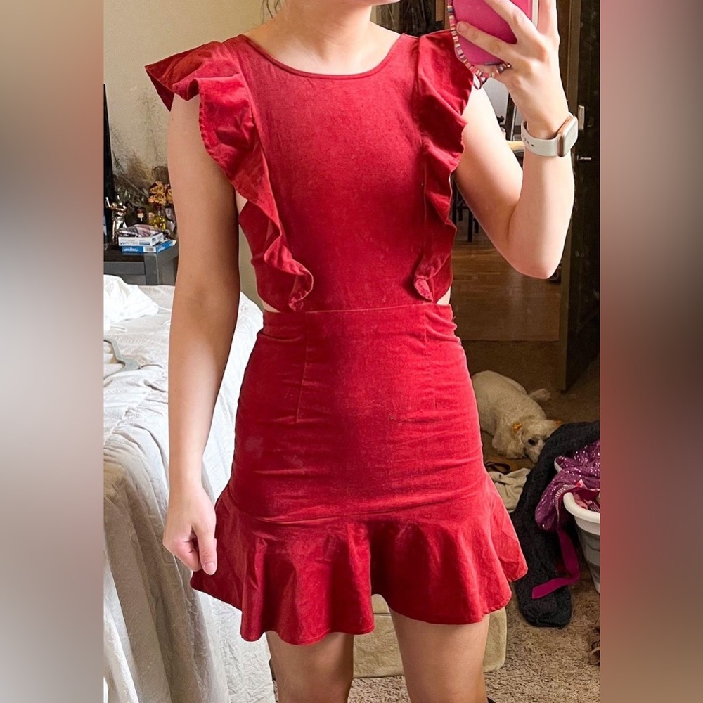 Red Ruffle Cutout Corduroy Bodycon Mini Dress